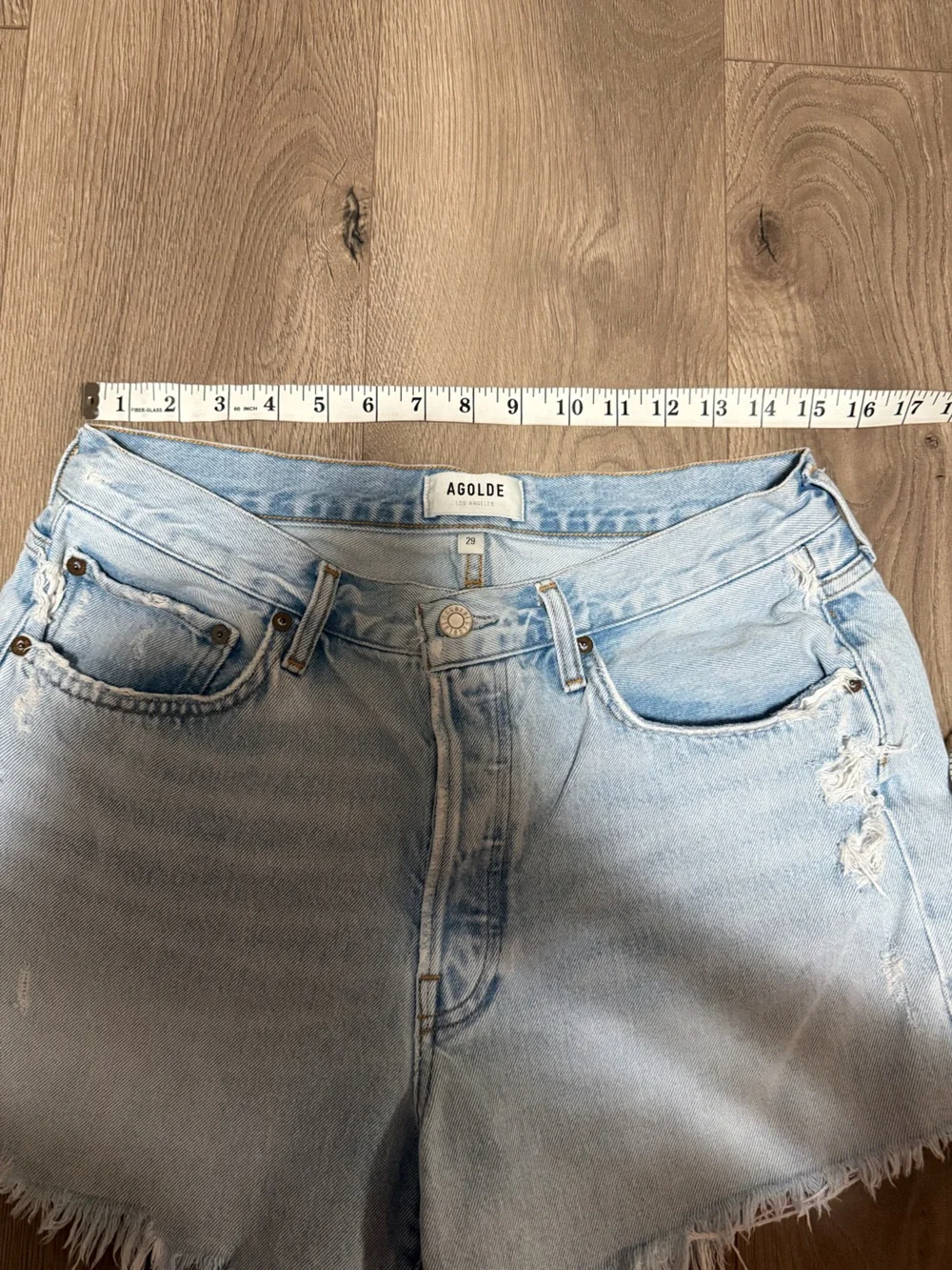 Agolde Light Wash Distressed Parker Long Denim Shorts Size 29